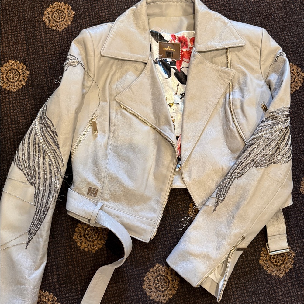 Gray Leather Jacket with Silver Embellishments - image 1